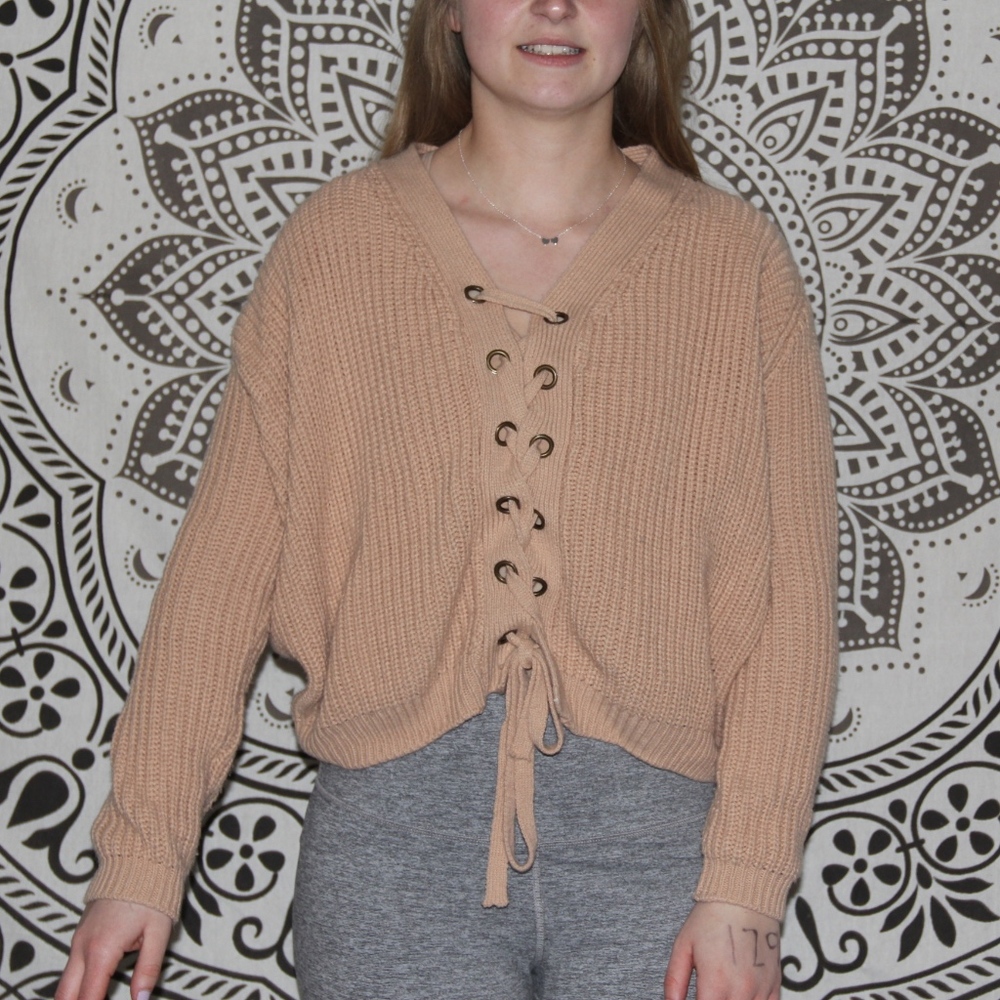 blush/ nude lace up sweater